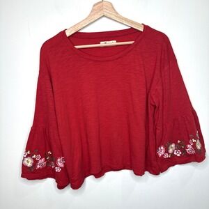 Y2K Hollister Cropped Embroidered Bell Sleeve Top Women S Red Floral Boho Prairi